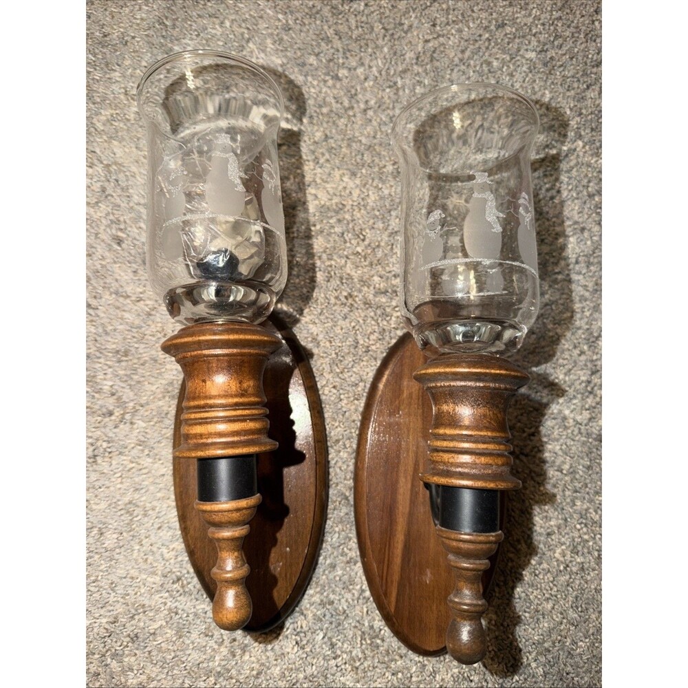 Pair of Vtg Wood Colonial-Style Wall Sconces W Clear Glass Votives Etch Snowmen